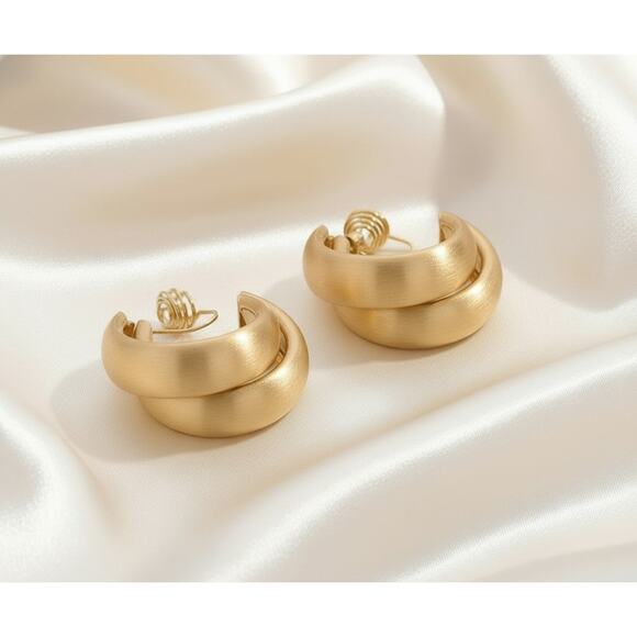 Clip on 1 1/2" comfort fit coil brushed gold wide double crossed hoop - Picture 3 of 4